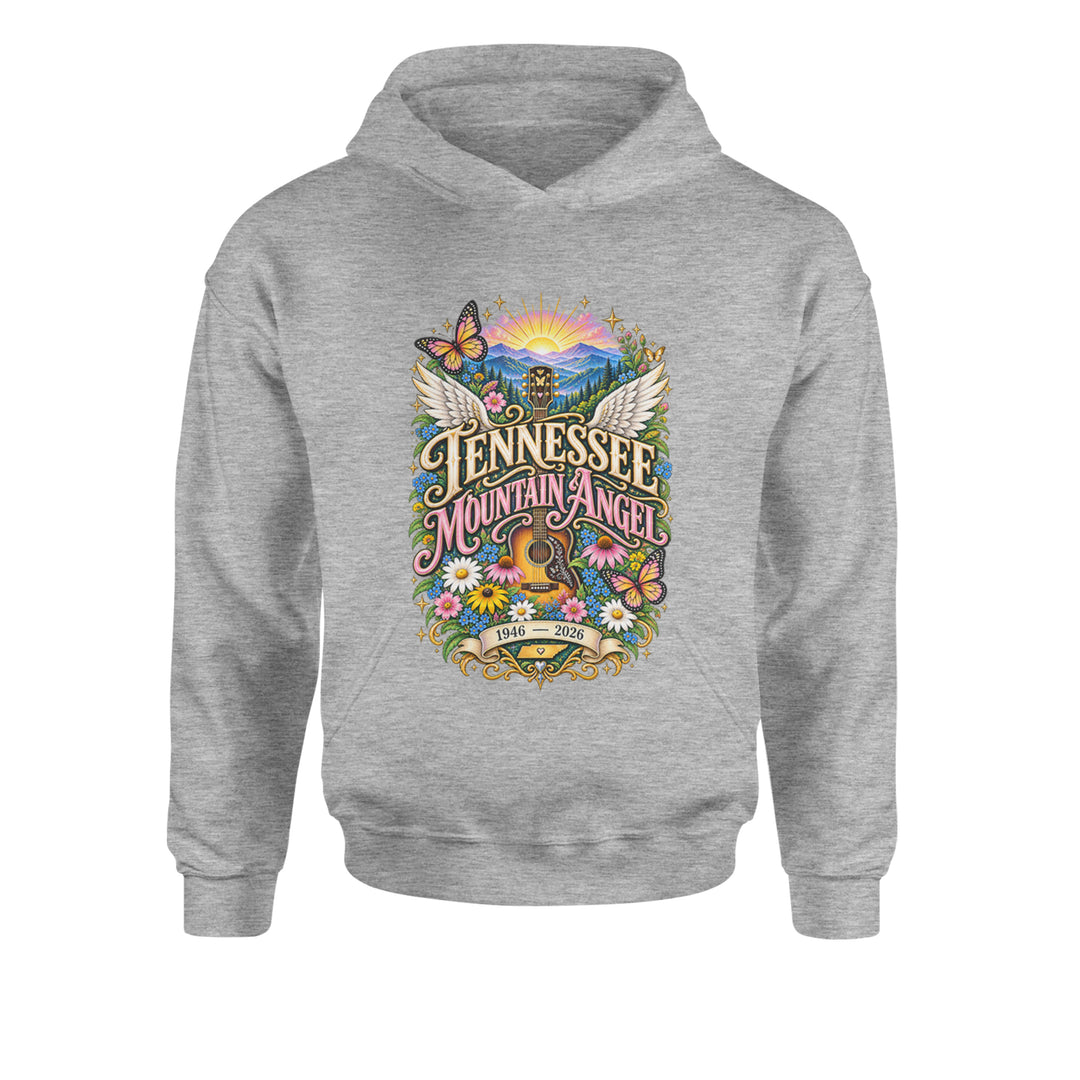 Tennessee Mountain Angel Wings Dolly Youth-Sized Hoodie Heather Grey