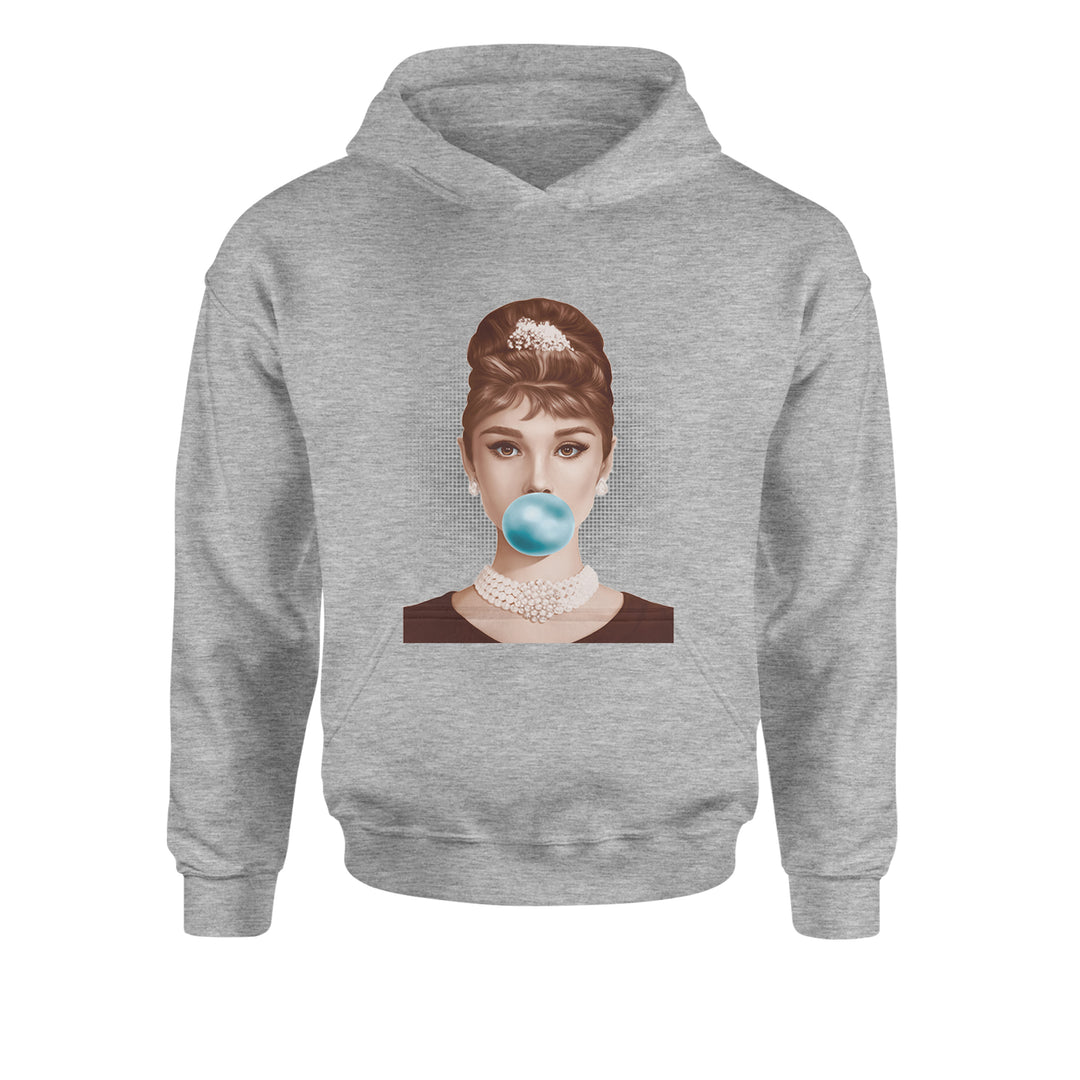Audrey Hepburn Chewing Bubble Gum American Icon Youth-Sized Hoodie Heather Grey