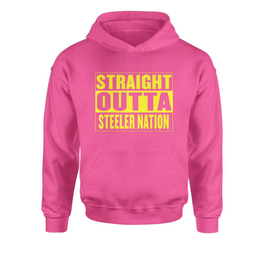 Straight Outta Steeler Nation Football graphic on Kids' Heavyweight Fleece Pullover Hoodie in Hot Pink