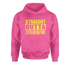 Straight Outta Steeler Nation Football graphic on Kids' Heavyweight Fleece Pullover Hoodie in Hot Pink