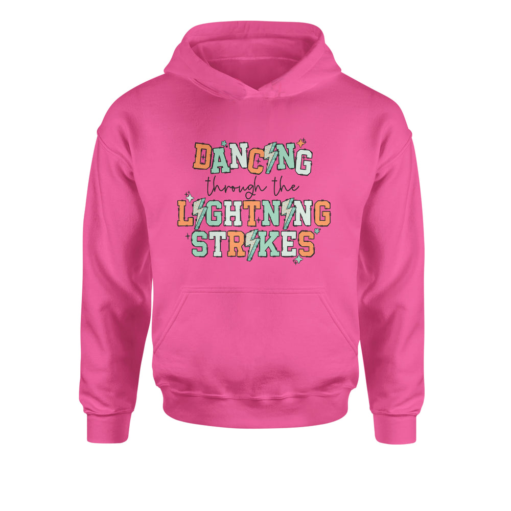 Dancing Through The Lightning Strikes graphic on Kids' Heavyweight Fleece Pullover Hoodie in Hot Pink