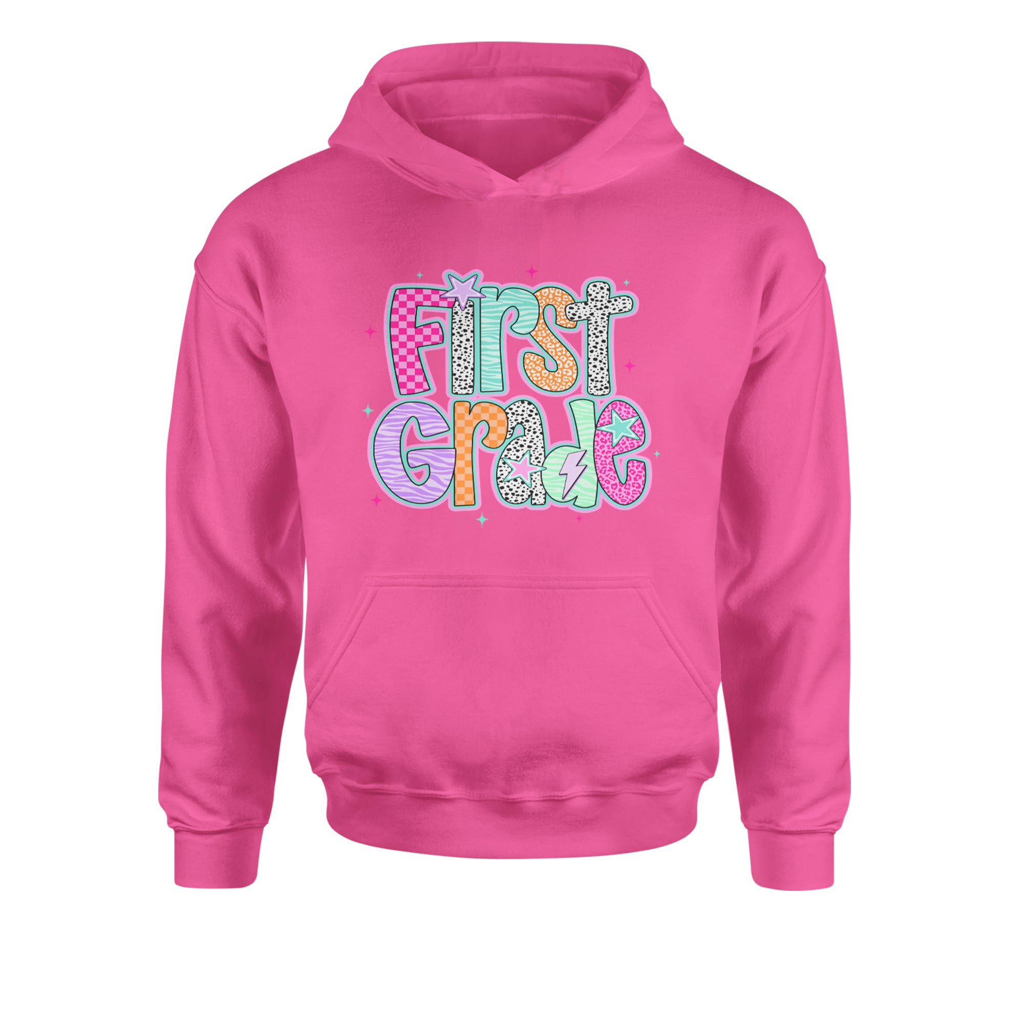 First Grade Vibes Colorful Back to School Youth-Sized Hoodie Hot Pink