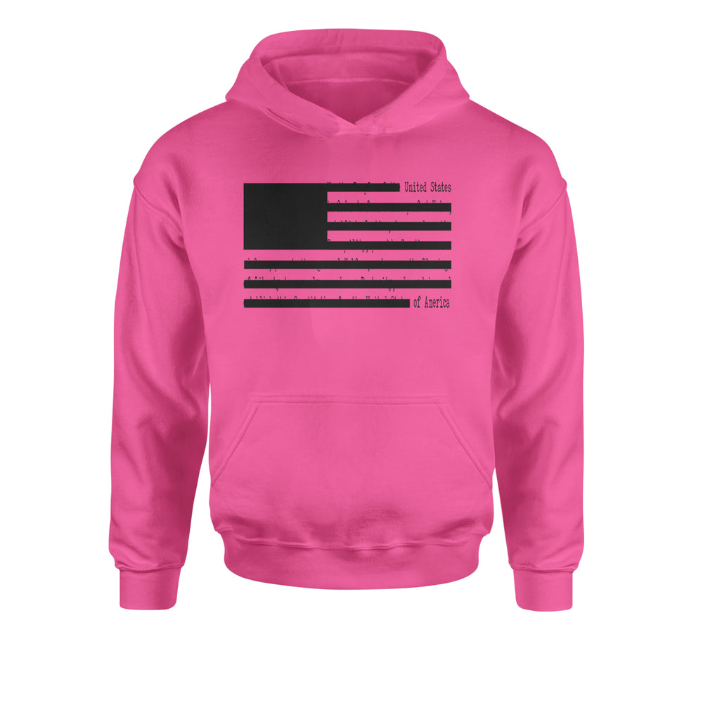 Redacted American Flag graphic on Kids' Heavyweight Fleece Pullover Hoodie in Hot Pink