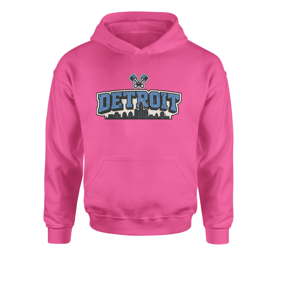Detroit Motor City Retro Piston Youth-Sized Hoodie Hot Pink