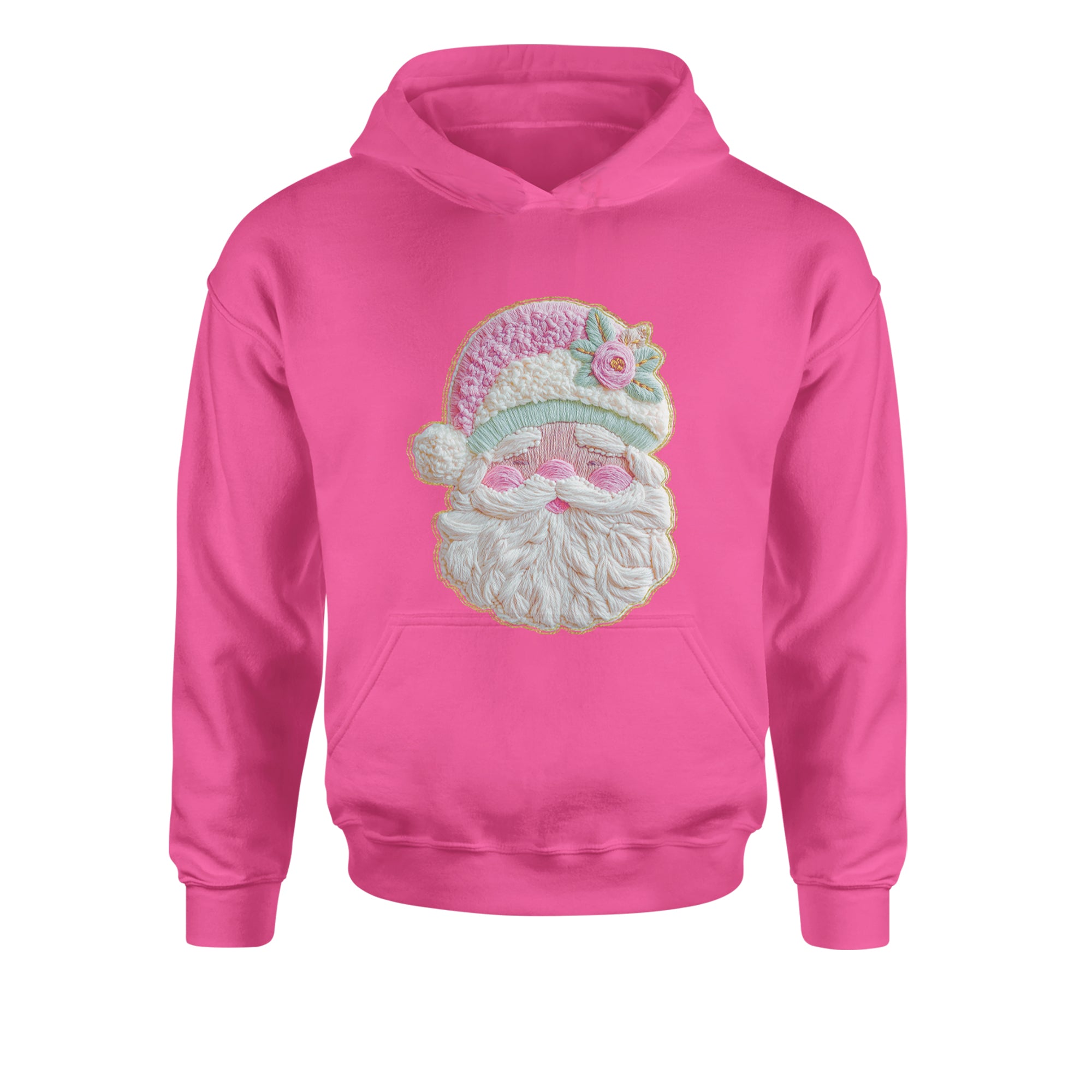 Vintage Santa Embroidery Art Soft Cottagecore Youth-Sized Hoodie Hot Pink