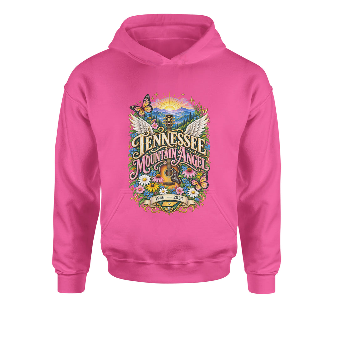 Tennessee Mountain Angel Wings Dolly Youth-Sized Hoodie Hot Pink