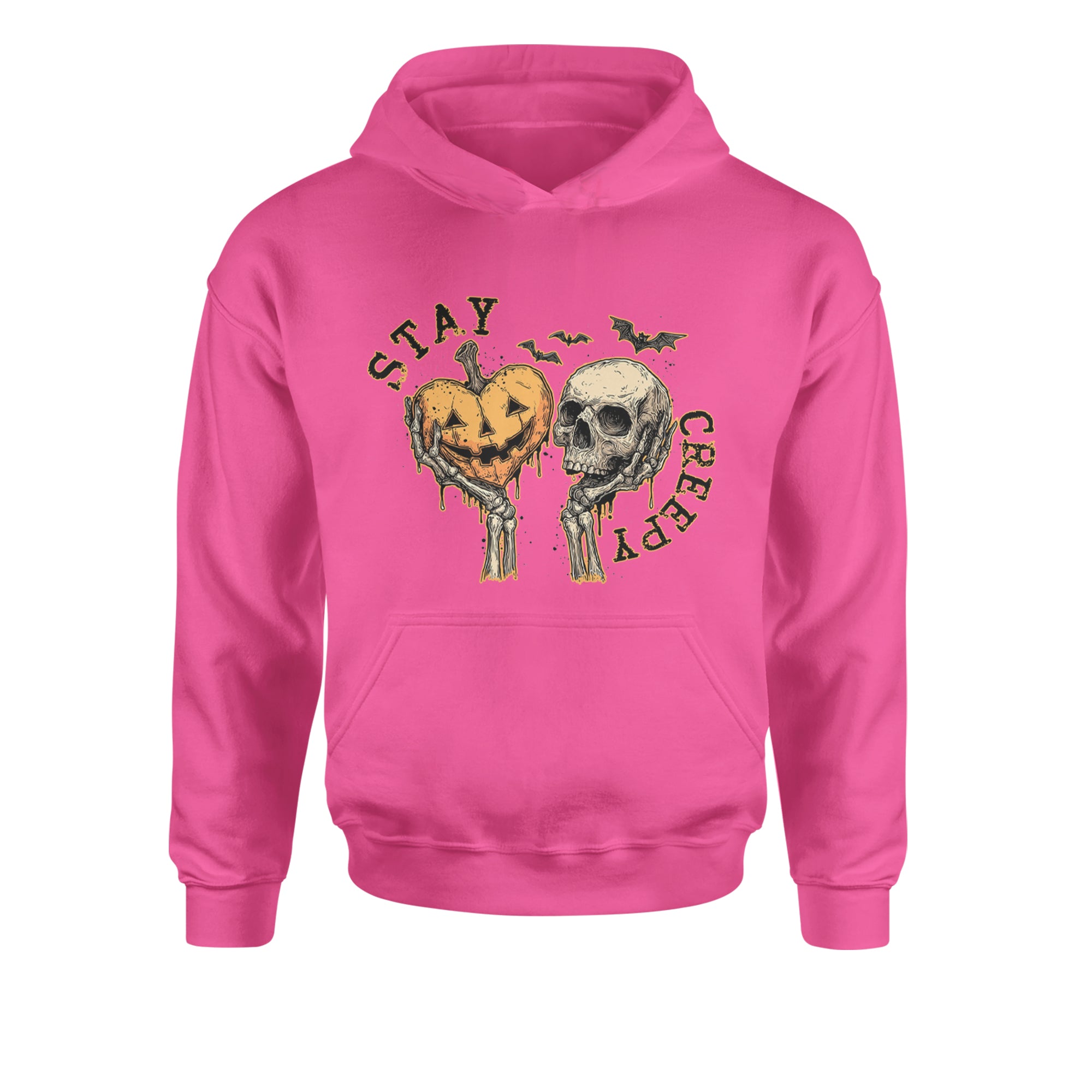 Stay Creepy Skull and Pumpkin Halloween Youth-Sized Hoodie Hot Pink