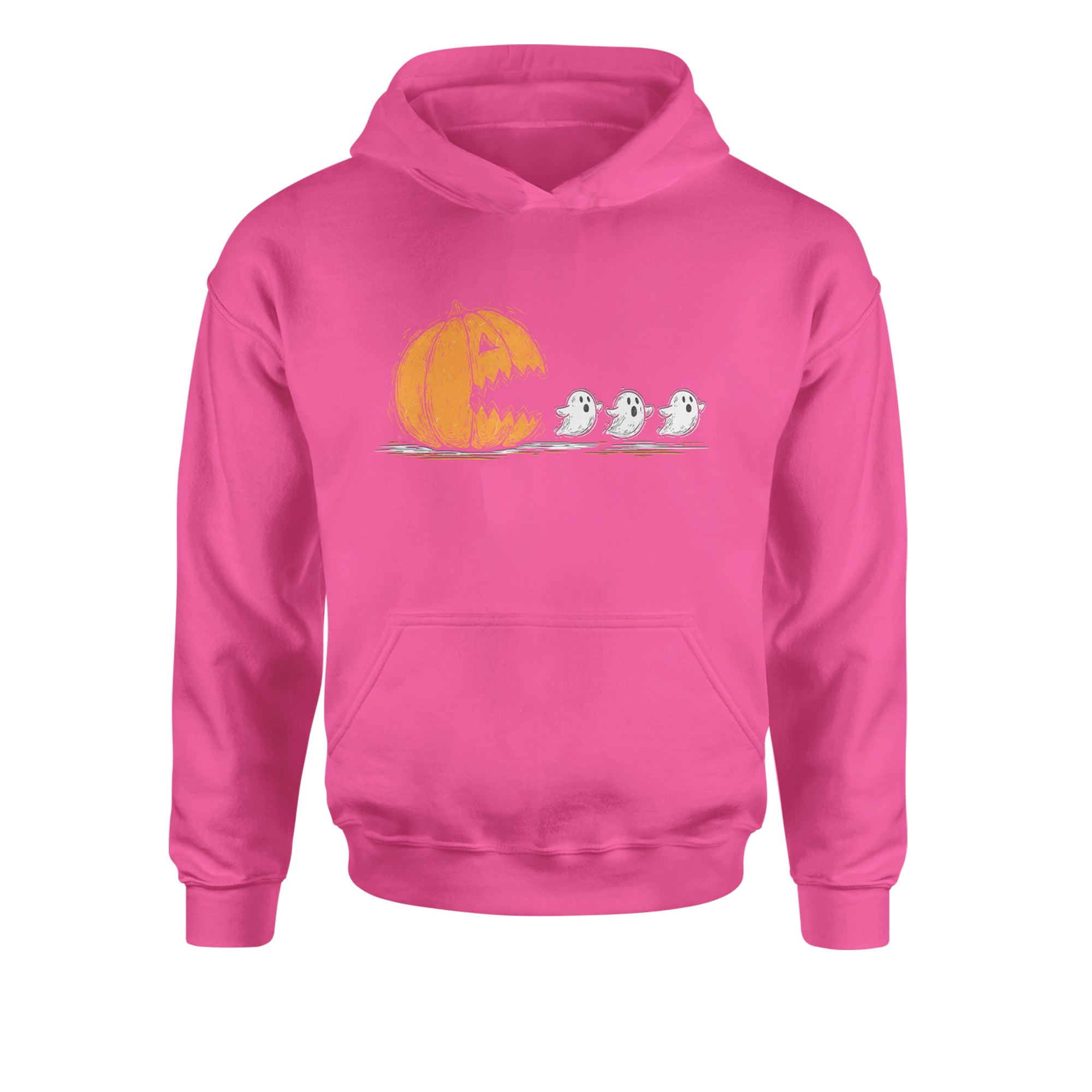 Pumpkin Pacman Chasing Ghosts Halloween Youth-Sized Hoodie Hot Pink