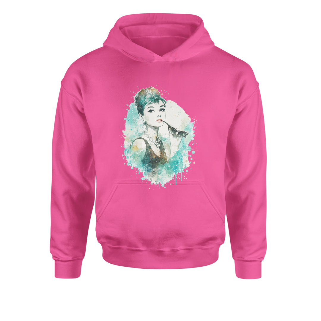 Mrs. Herpburn Iconic Watercolors Youth-Sized Hoodie Hot Pink