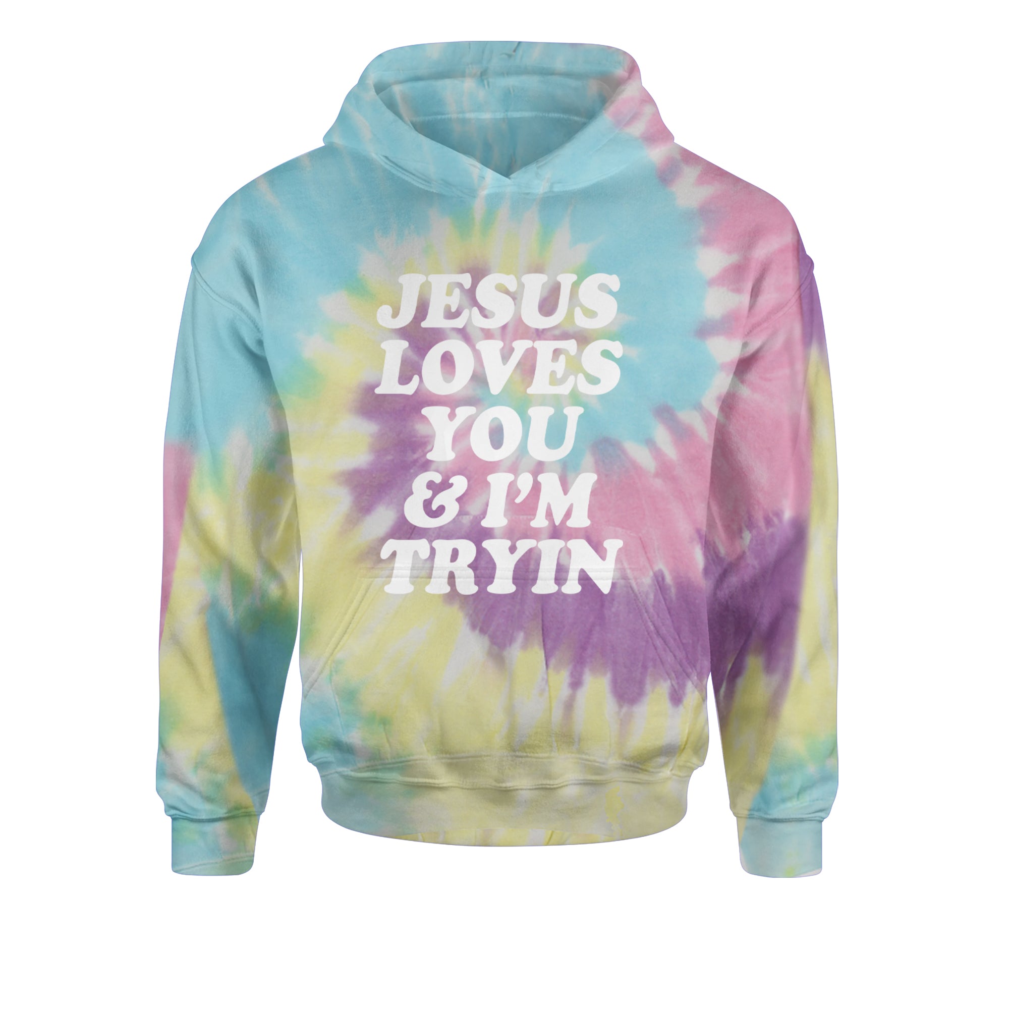 Jesus Loves You and I'm Trying Youth-Sized Hoodie Tie-Dye Jelly Bean