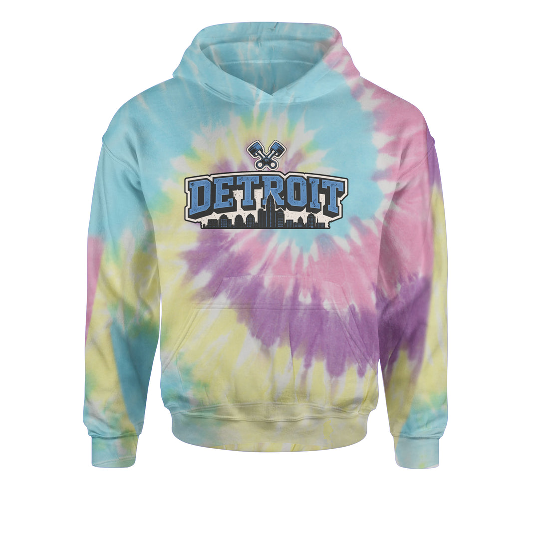 Detroit Motor City Retro Piston Youth-Sized Hoodie Tie-Dye Jelly Bean