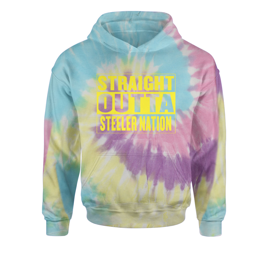 Straight Outta Steeler Nation Football graphic on Kids' Heavyweight Fleece Pullover Hoodie in Tie-Dye Jelly Bean