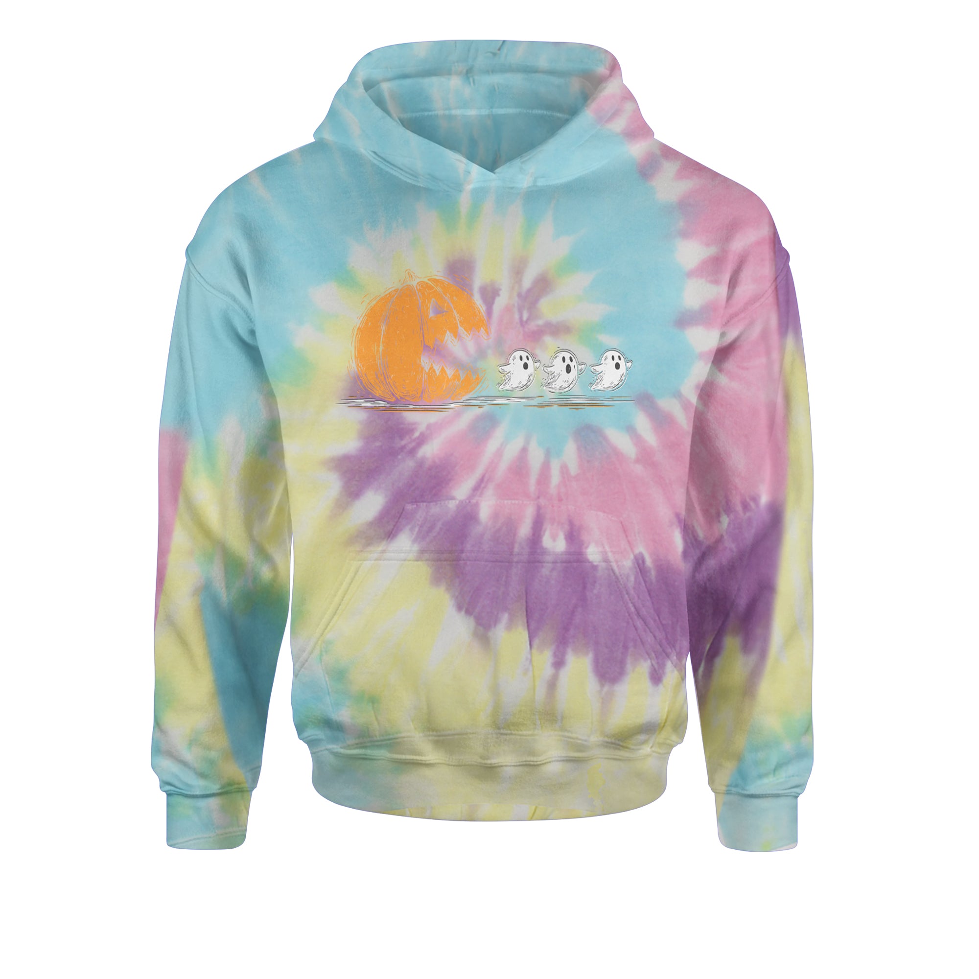 Pumpkin Pacman Chasing Ghosts Halloween Youth-Sized Hoodie Tie-Dye Jelly Bean
