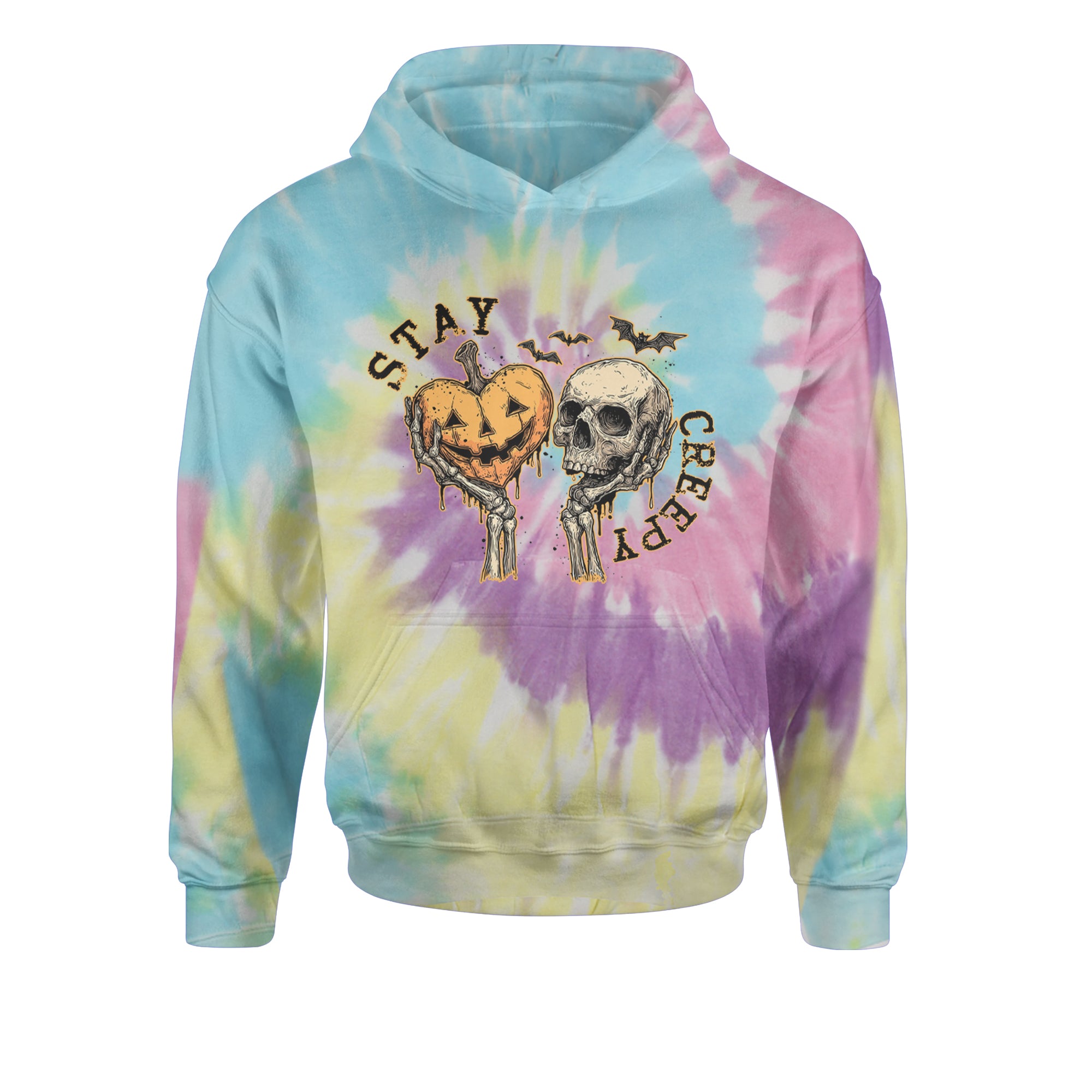 Stay Creepy Skull and Pumpkin Halloween Youth-Sized Hoodie Tie-Dye Jelly Bean