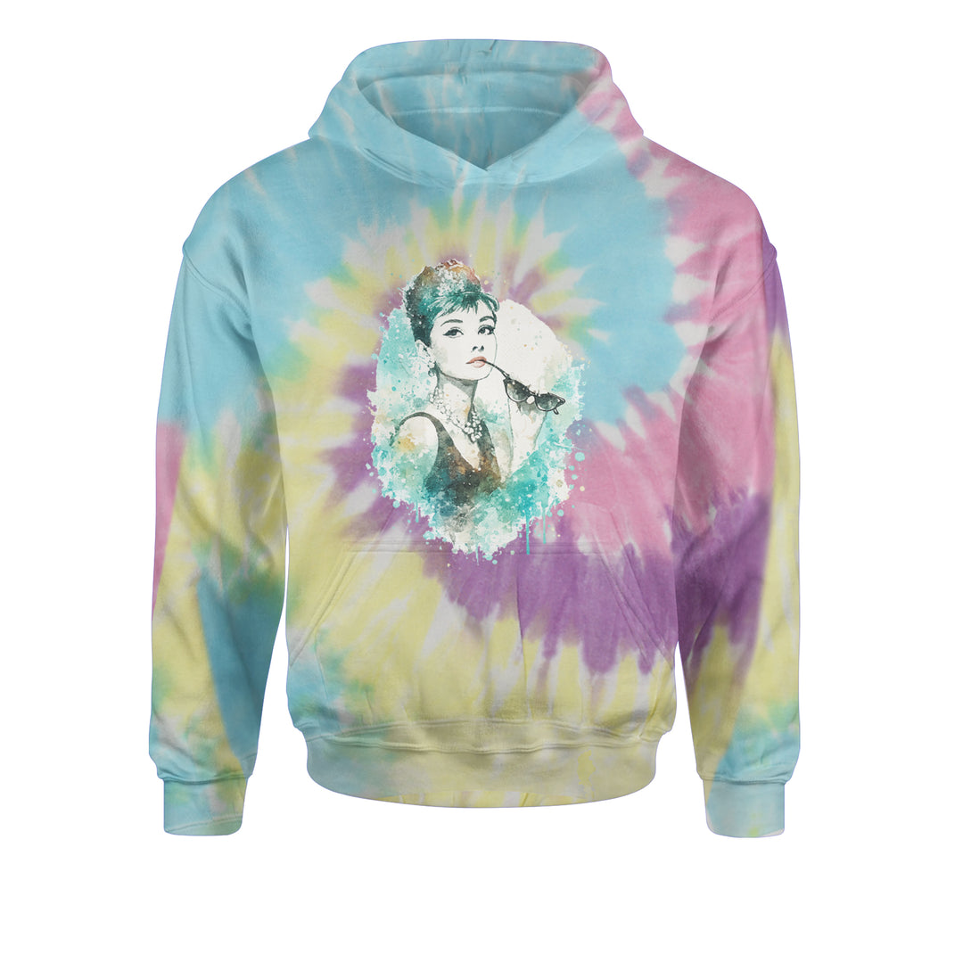 Mrs. Herpburn Iconic Watercolors Youth-Sized Hoodie Tie-Dye Jelly Bean