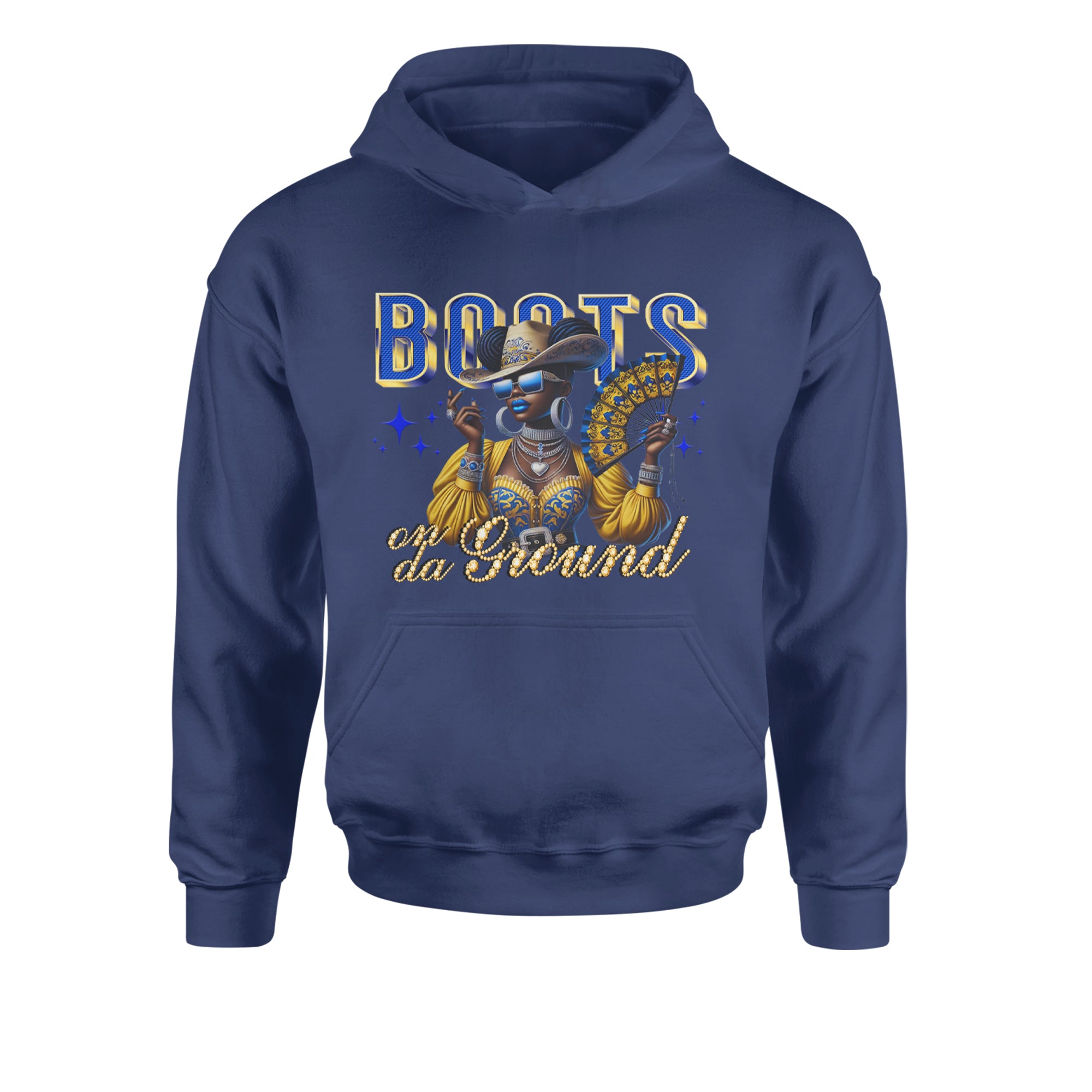 Boots On Da Ground Folding Fan Youth-Sized Hoodie Navy Blue