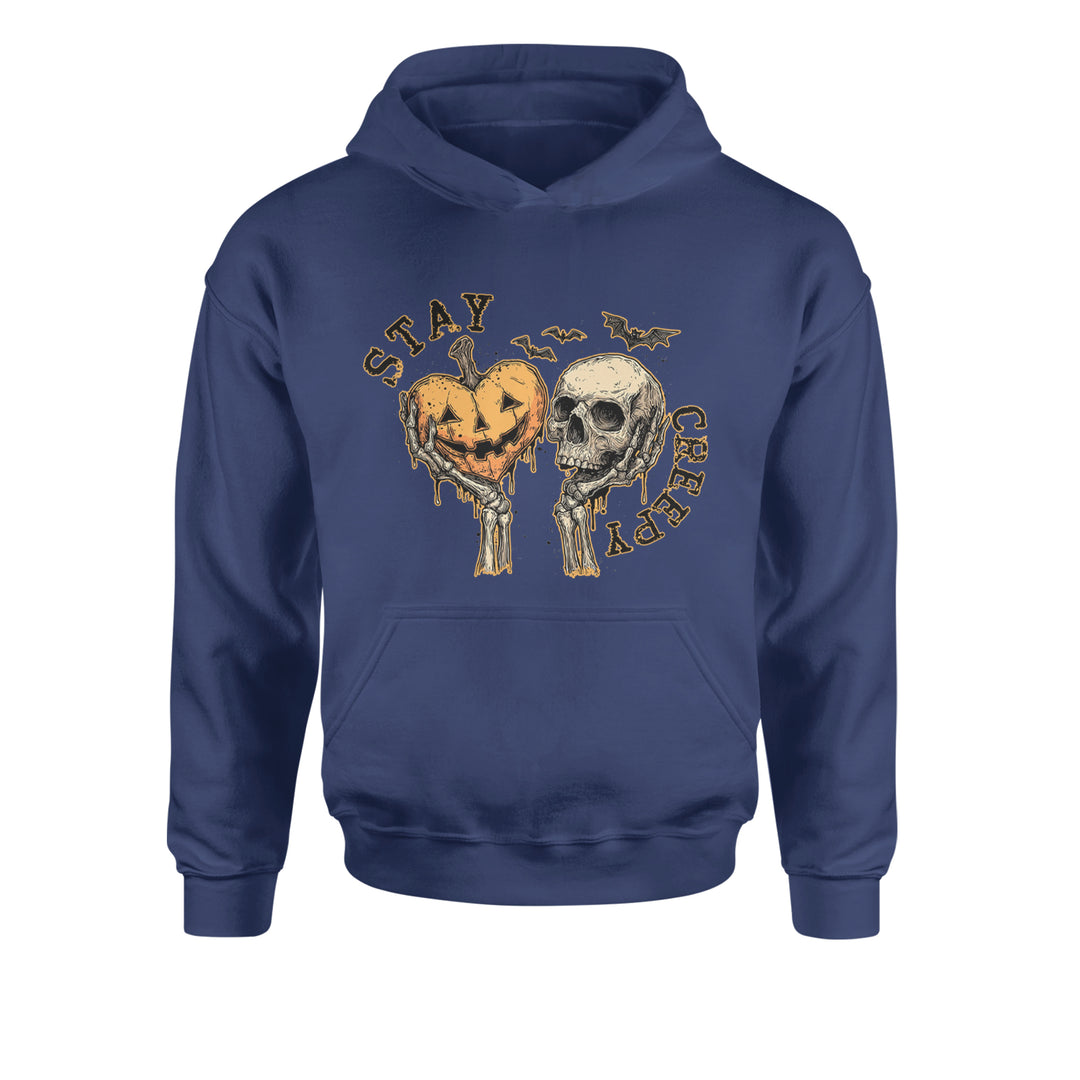 Stay Creepy Skull and Pumpkin Halloween Youth-Sized Hoodie Navy Blue