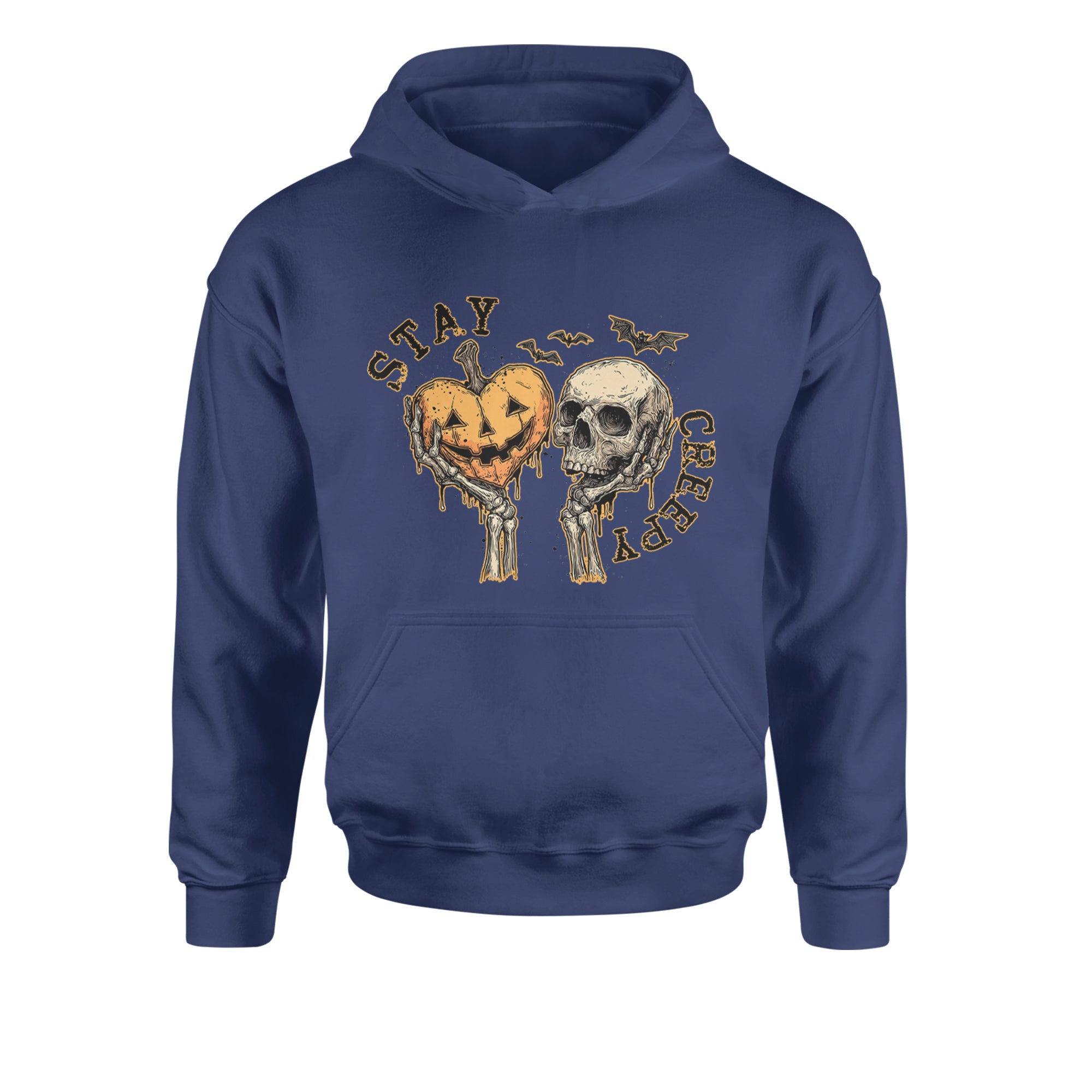Stay Creepy Skull and Pumpkin Halloween Youth-Sized Hoodie Navy Blue