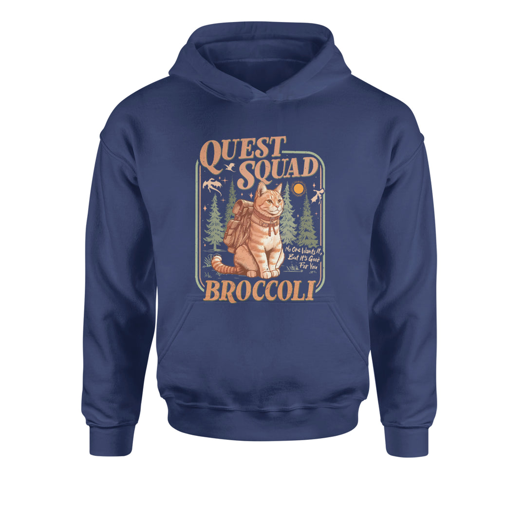 Quest Squad Broccoli Cat Fantasy Reader  Youth-Sized Hoodie Navy Blue