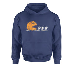 Pumpkin Pacman Chasing Ghosts Halloween Youth-Sized Hoodie Navy Blue