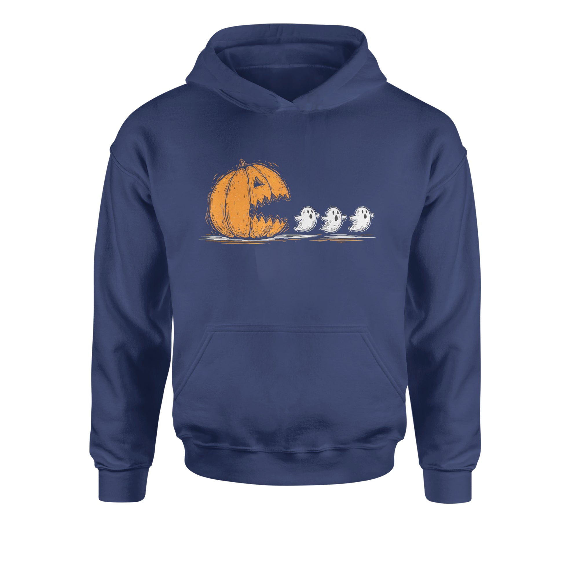 Pumpkin Pacman Chasing Ghosts Halloween Youth-Sized Hoodie Navy Blue