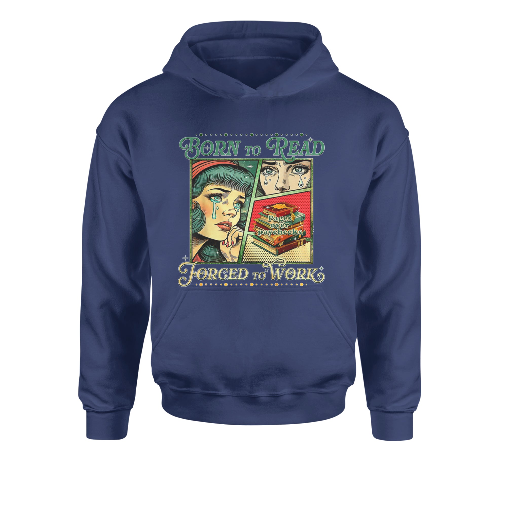 Born To Read, Forced To Work Youth-Sized Hoodie Navy Blue