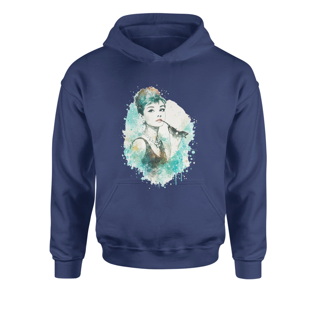 Mrs. Herpburn Iconic Watercolors Youth-Sized Hoodie Navy Blue