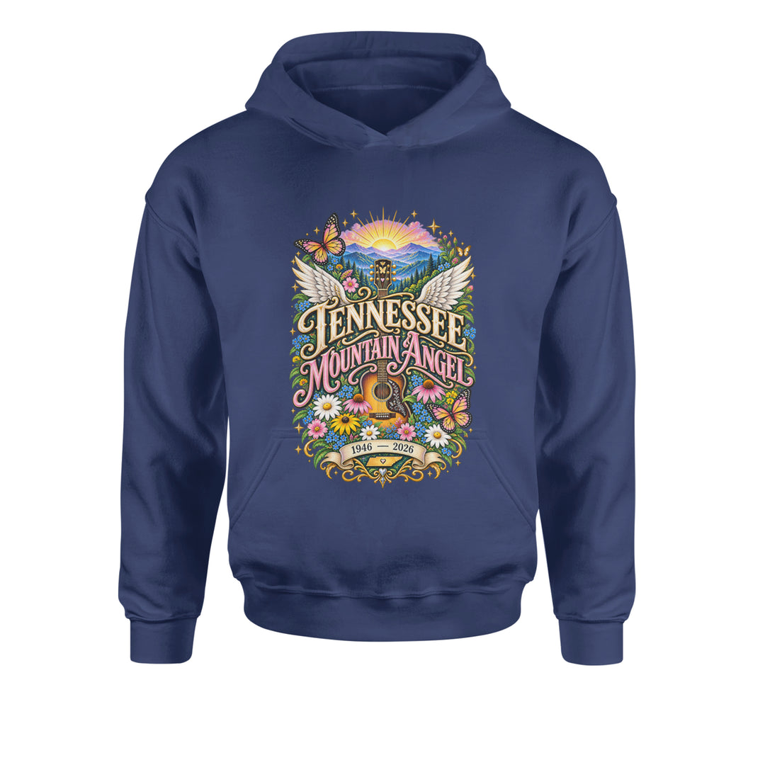 Tennessee Mountain Angel Wings Dolly Youth-Sized Hoodie Navy Blue