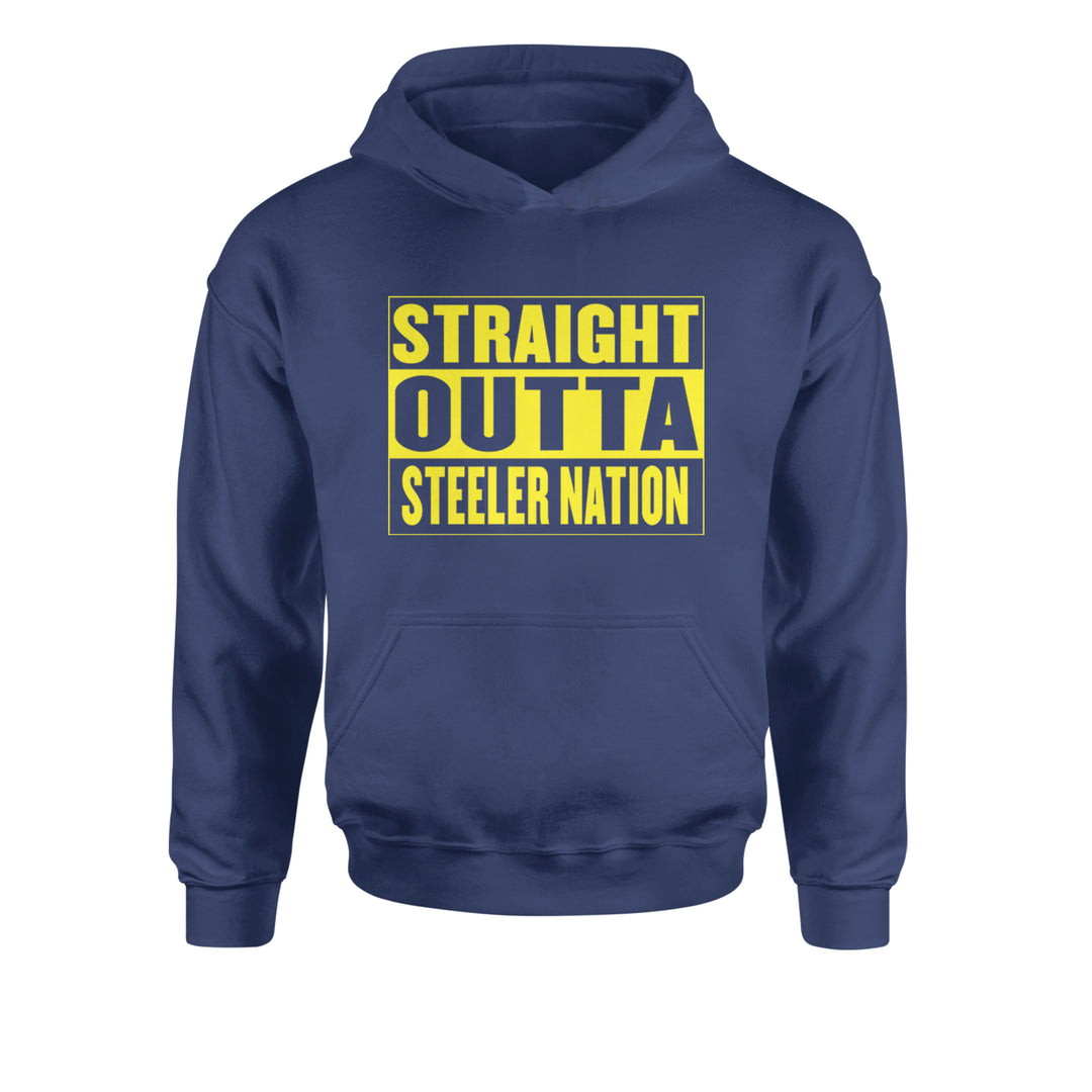 Straight Outta Steeler Nation Football graphic on Kids' Heavyweight Fleece Pullover Hoodie in Navy Blue