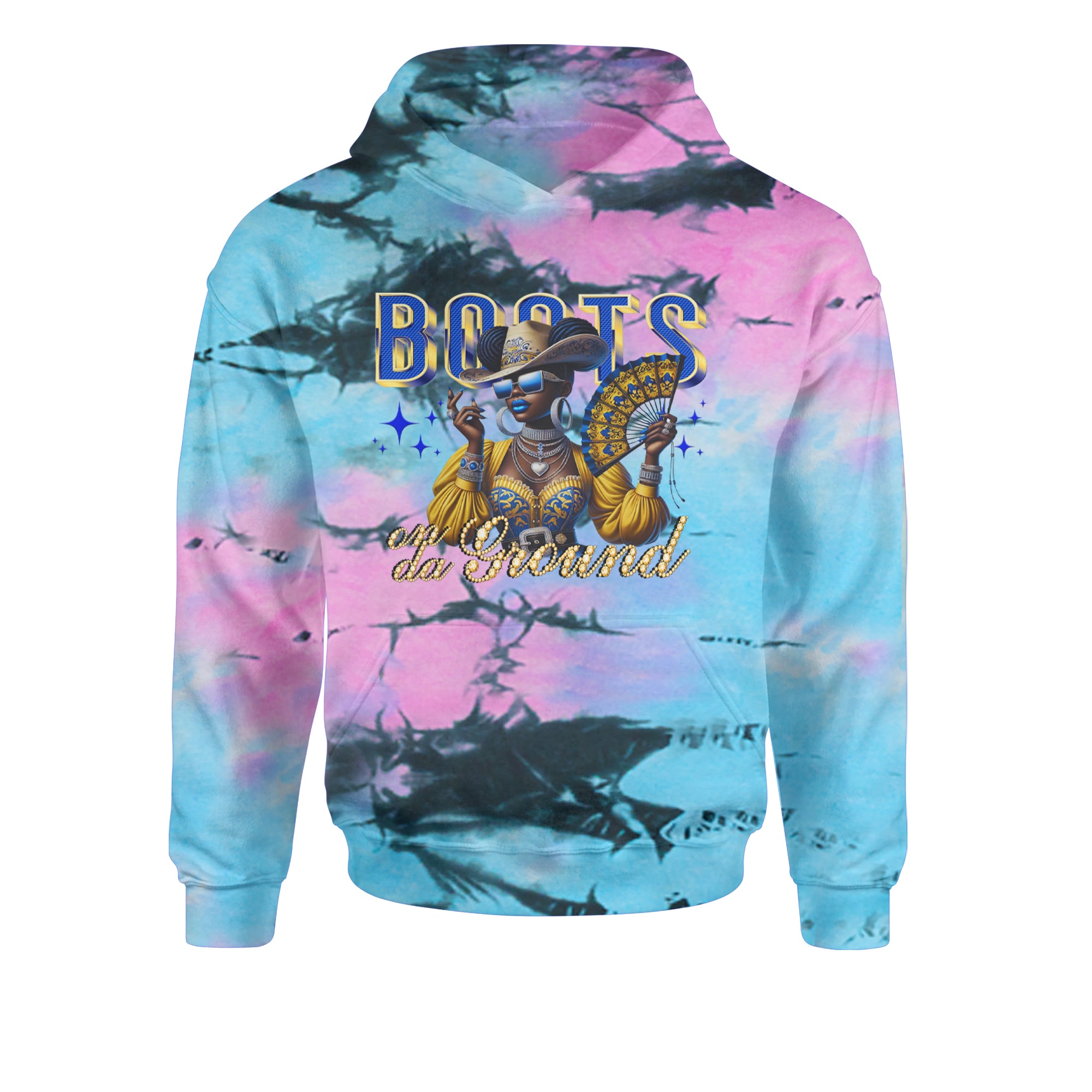 Boots On Da Ground Folding Fan Youth-Sized Hoodie Tie-Dye Pacific