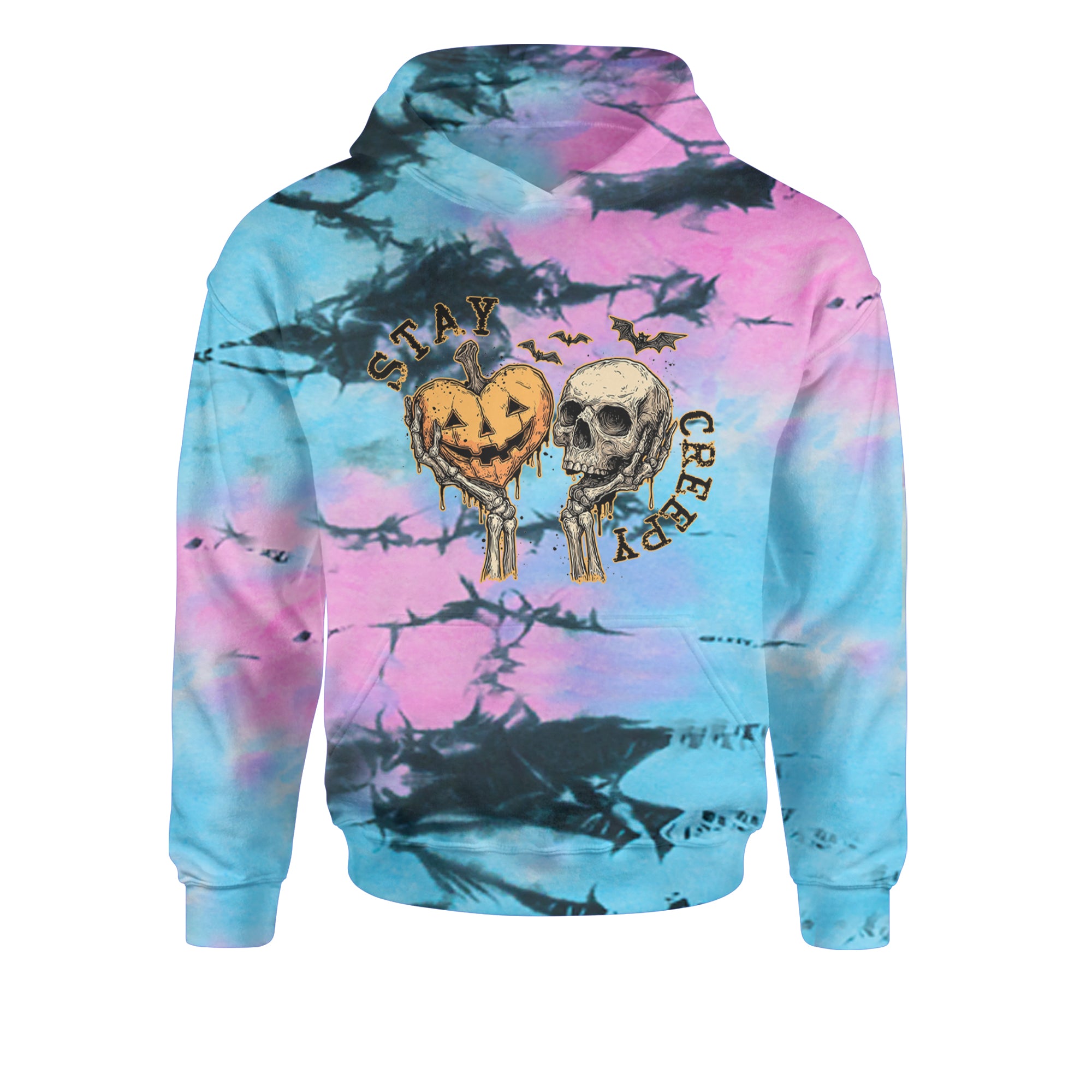 Stay Creepy Skull and Pumpkin Halloween Youth-Sized Hoodie Tie-Dye Pacific