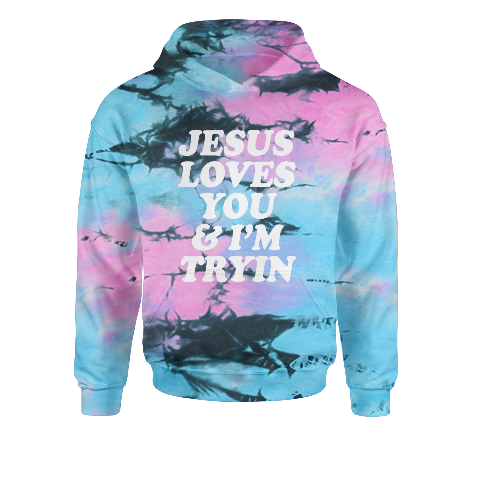 Jesus Loves You and I'm Trying Youth-Sized Hoodie Tie-Dye Pacific