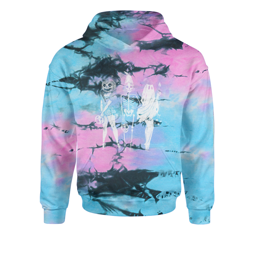 Vintage Spooky Squad Pinup Halloween Design Youth-Sized Hoodie Tie-Dye Pacific