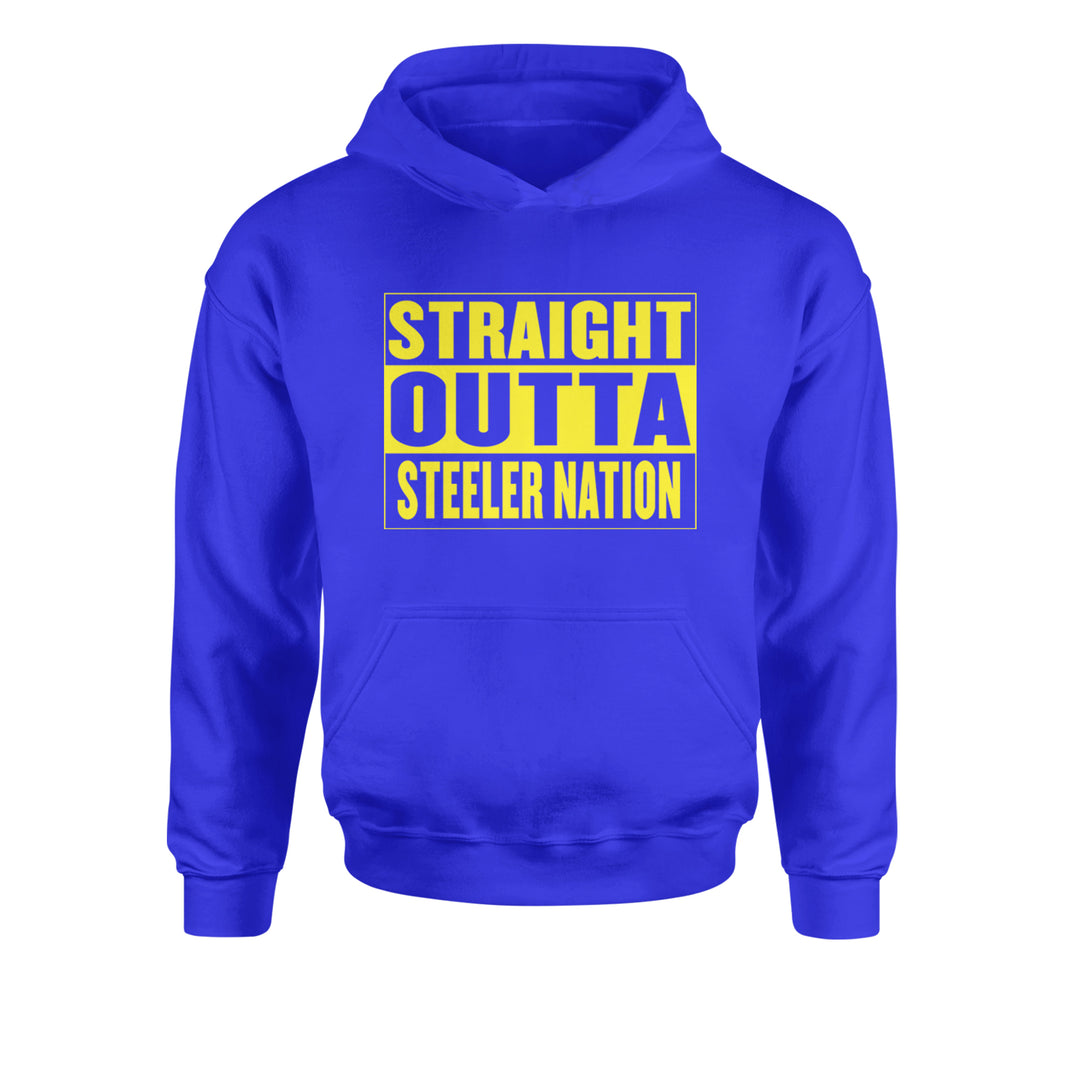 Straight Outta Steeler Nation Football graphic on Kids' Heavyweight Fleece Pullover Hoodie in Royal Blue