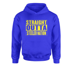 Straight Outta Steeler Nation Football graphic on Kids' Heavyweight Fleece Pullover Hoodie in Royal Blue
