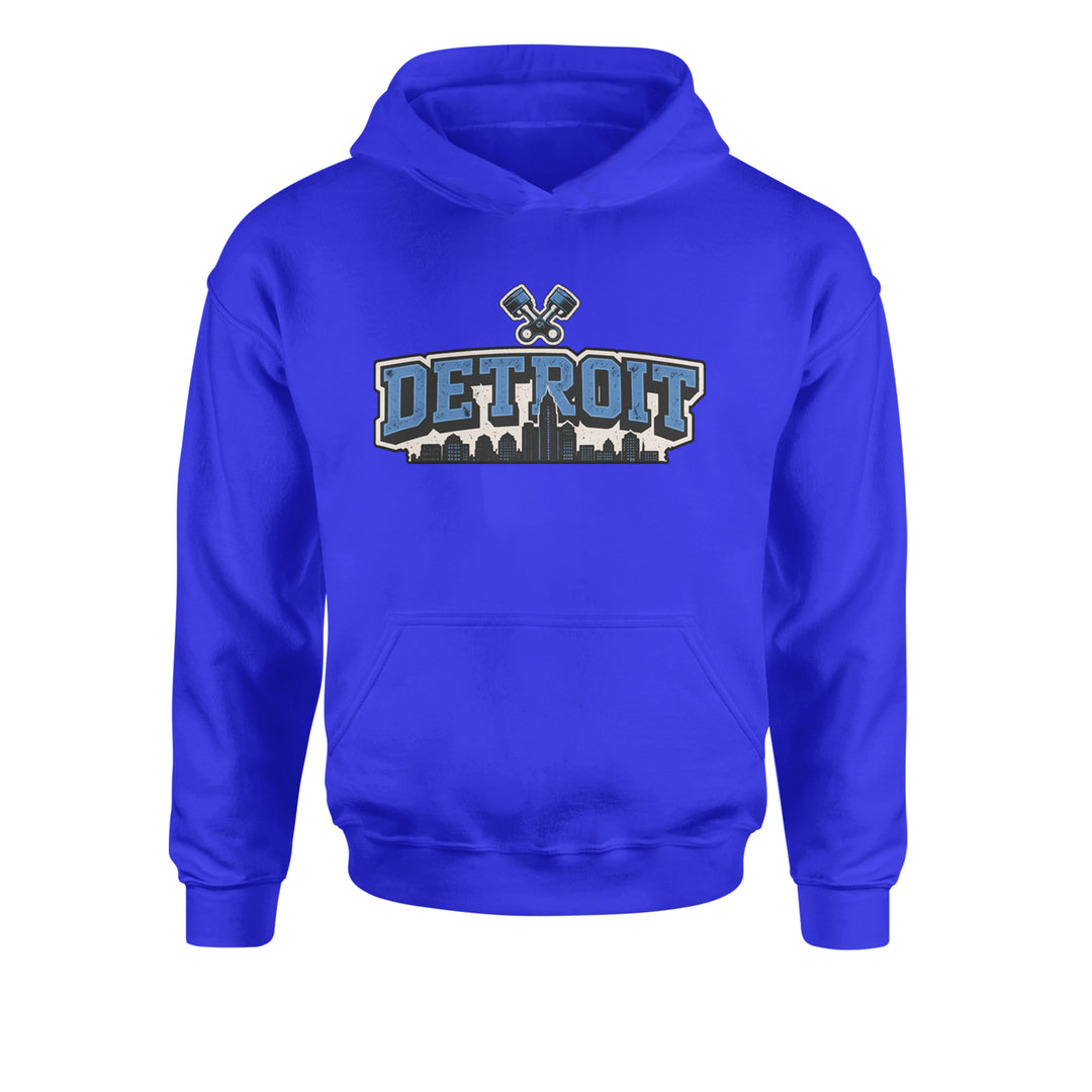 Detroit Motor City Retro Piston Youth-Sized Hoodie Royal Blue