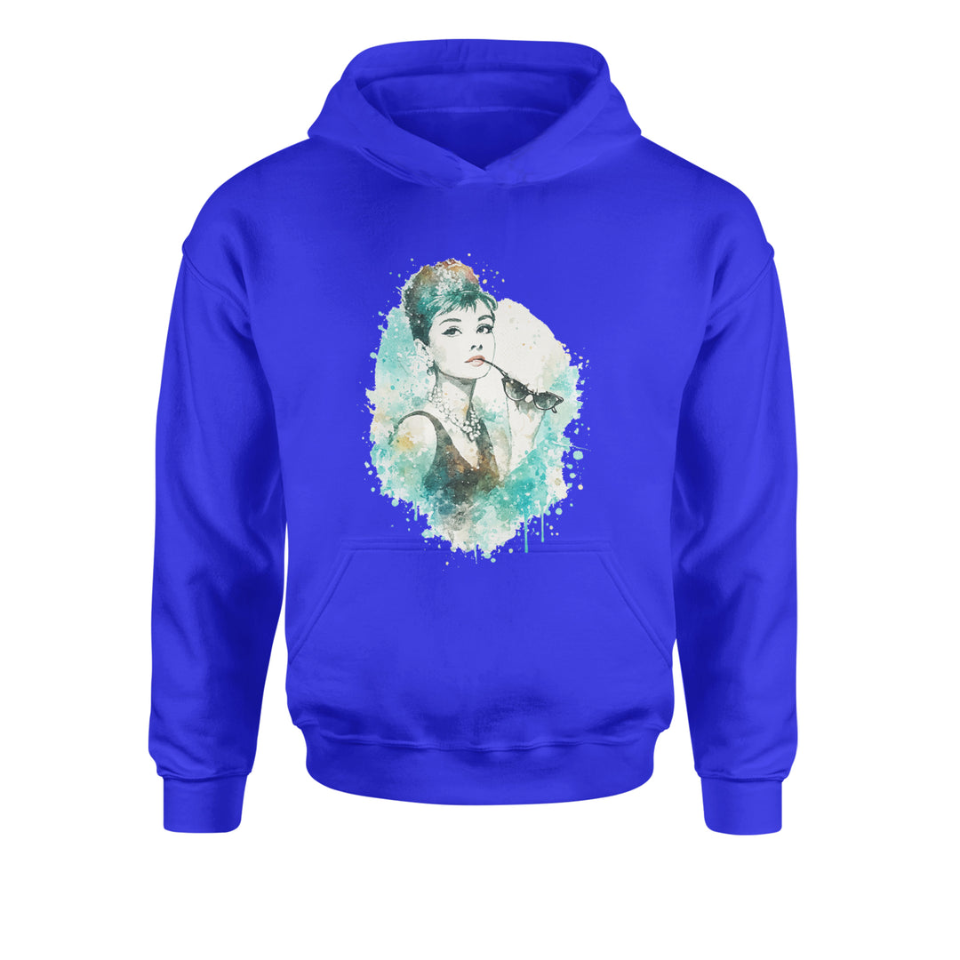 Mrs. Herpburn Iconic Watercolors Youth-Sized Hoodie Royal Blue