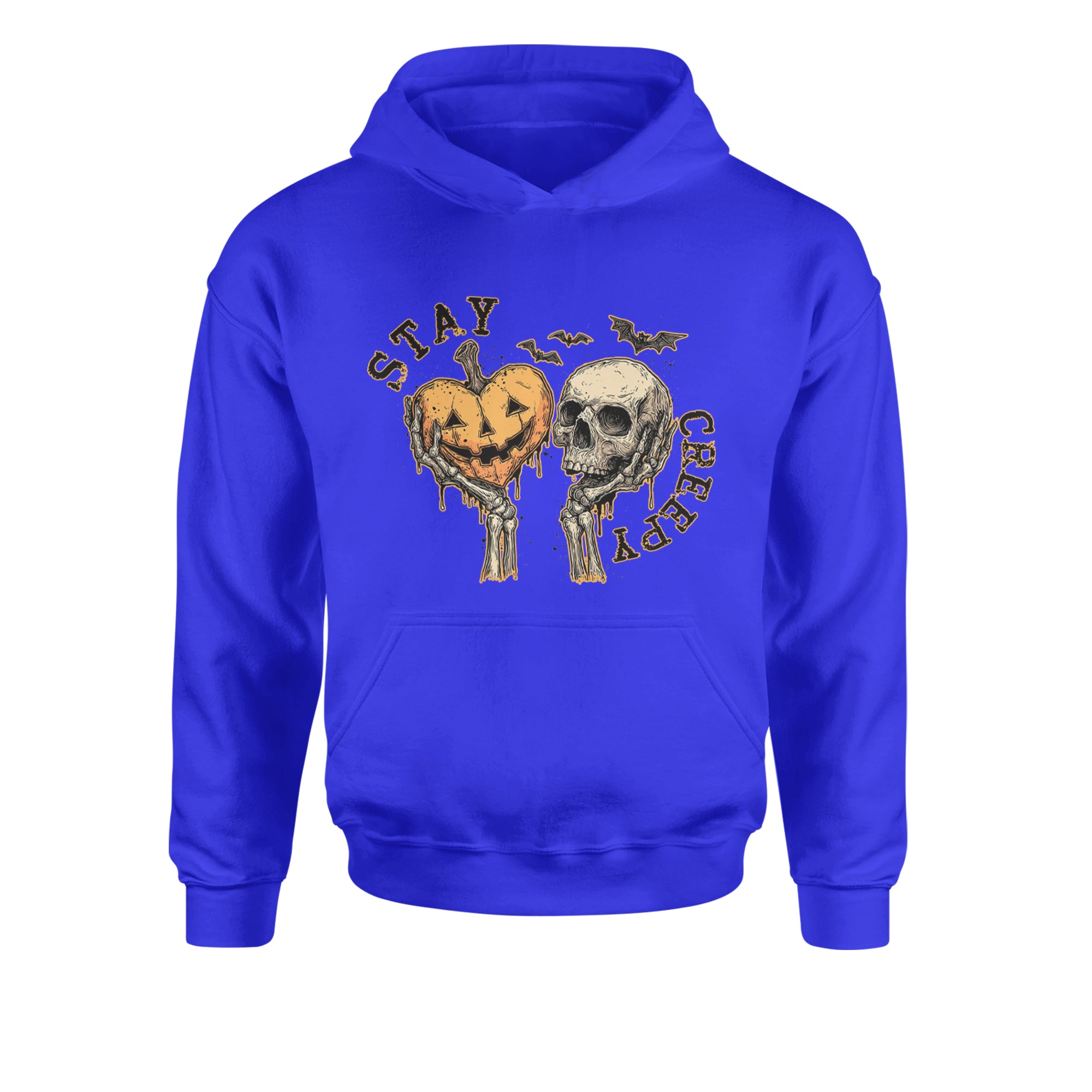 Stay Creepy Skull and Pumpkin Halloween Youth-Sized Hoodie Royal Blue