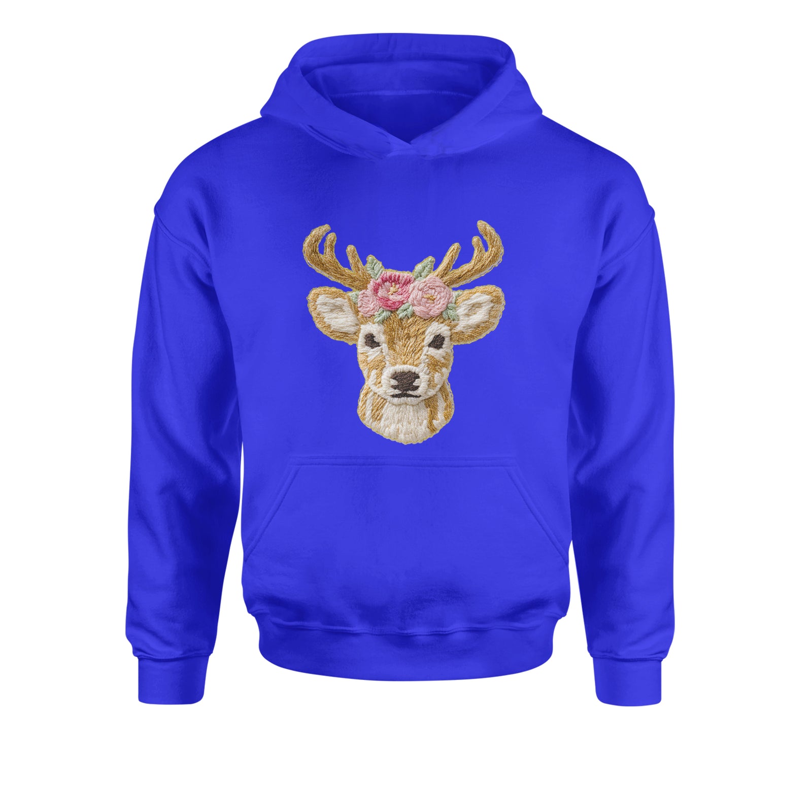 Vintage Reindeer Embroidery Art Soft Cottagecore Youth-Sized Hoodie Royal Blue