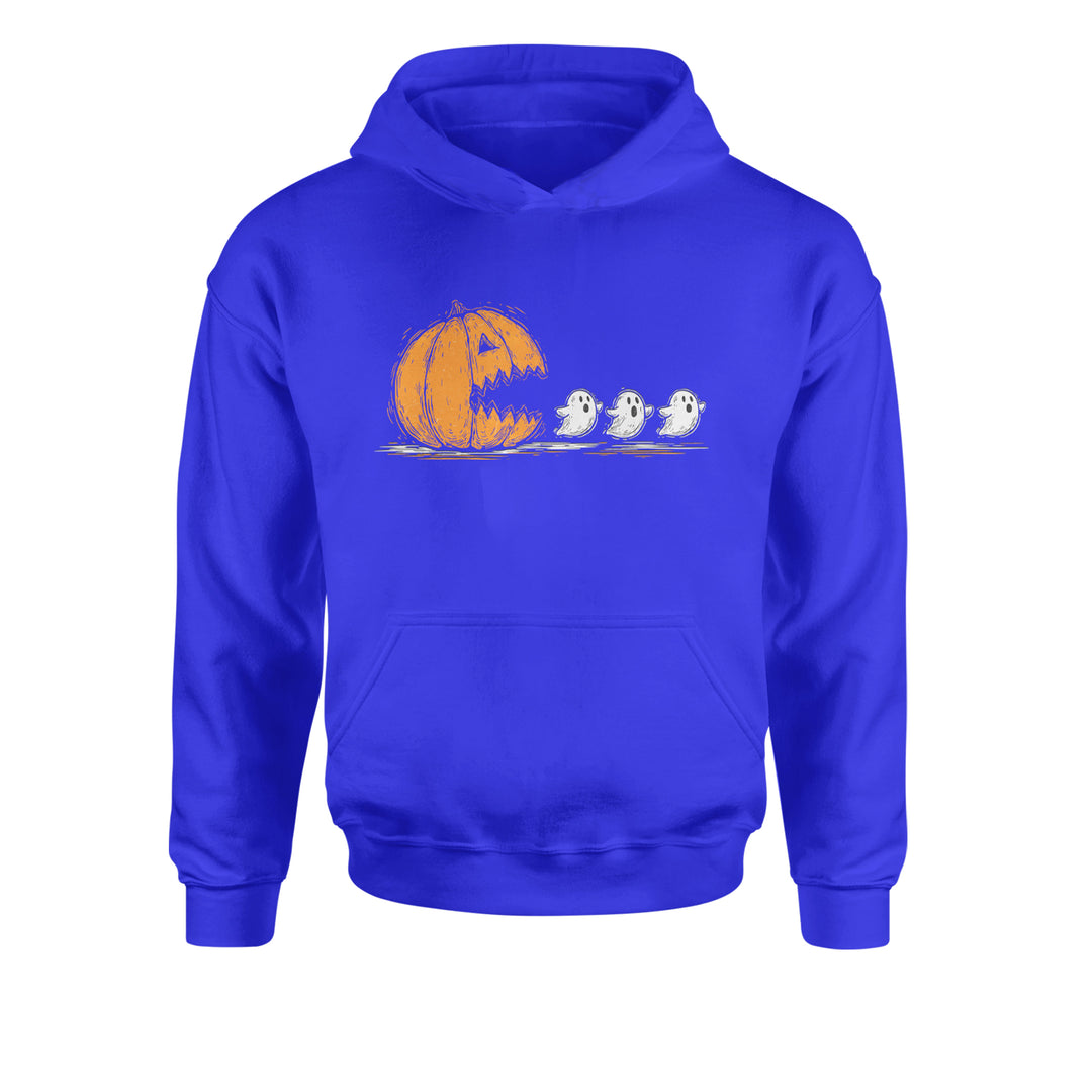 Pumpkin Pacman Chasing Ghosts Halloween Youth-Sized Hoodie Royal Blue