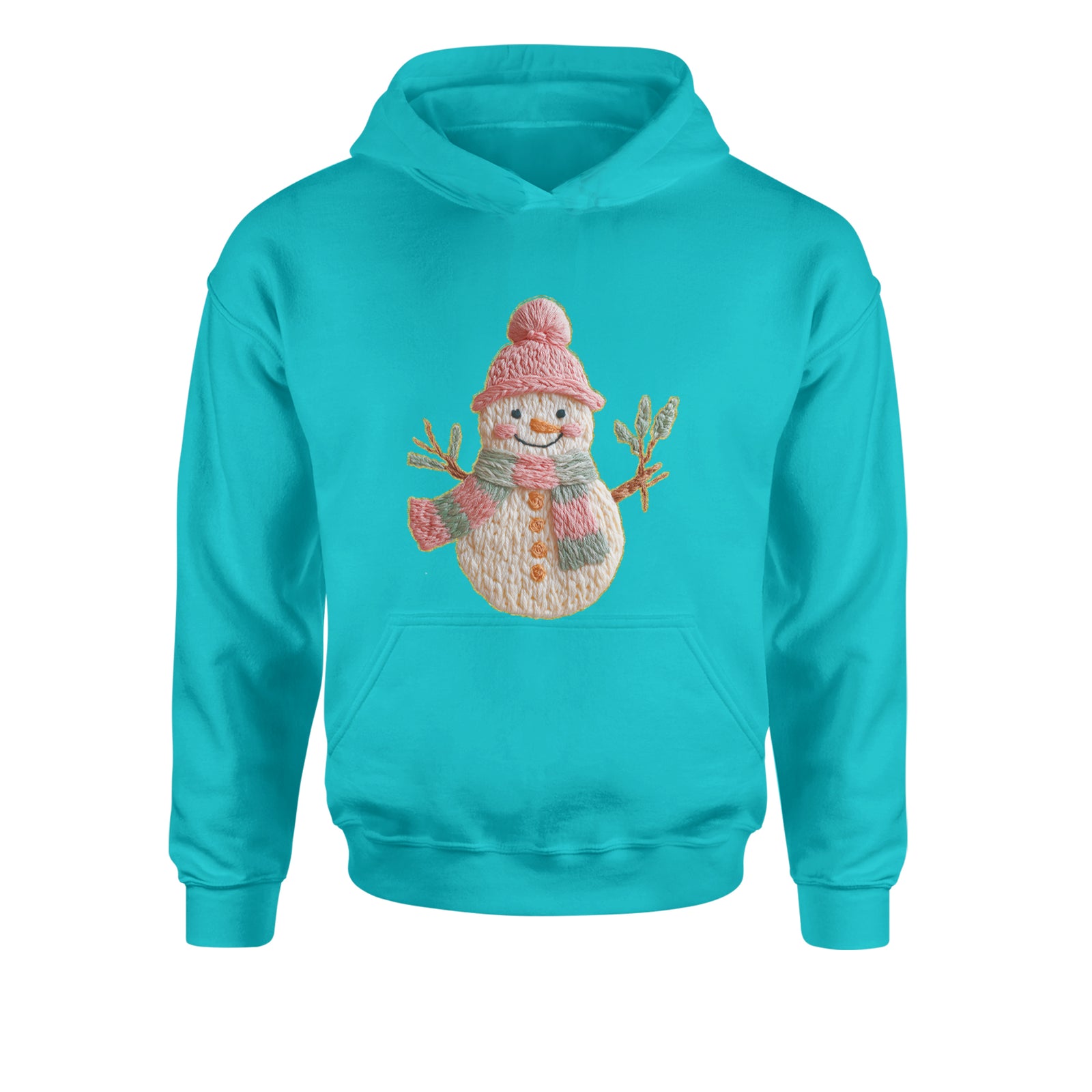 Vintage Snowman Embroidery Art Soft Cottagecore Youth-Sized Hoodie Teal