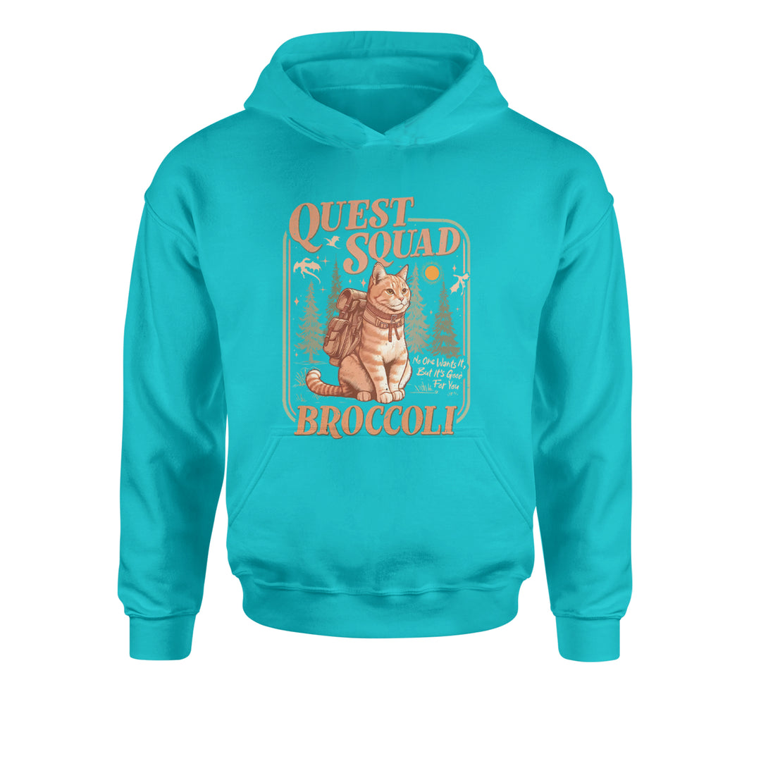 Quest Squad Broccoli Cat Fantasy Reader  Youth-Sized Hoodie Teal