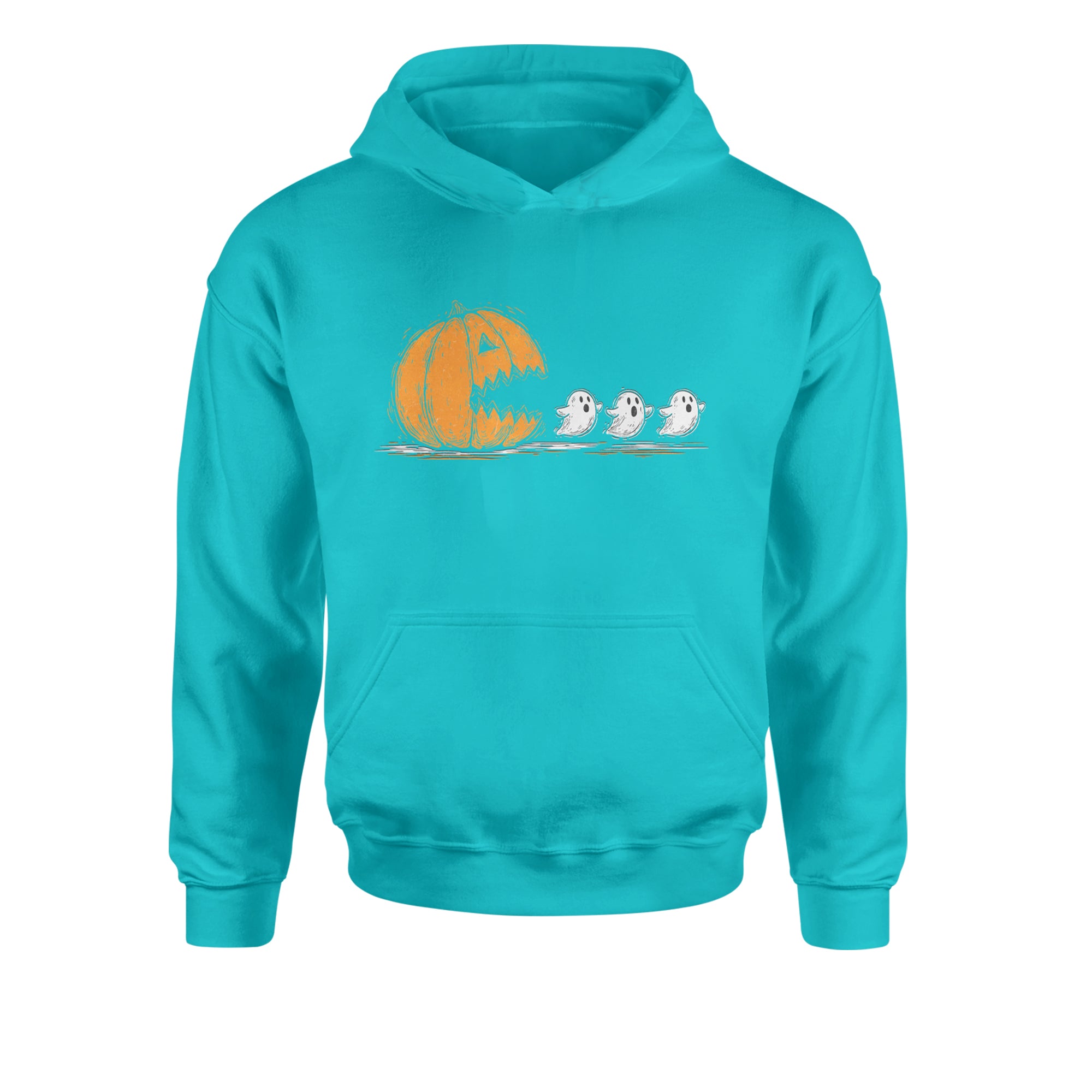 Pumpkin Pacman Chasing Ghosts Halloween Youth-Sized Hoodie Teal