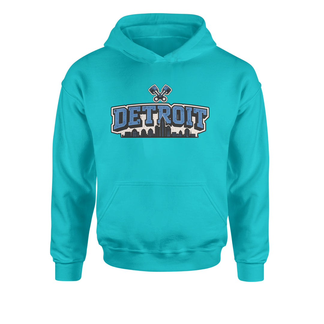 Detroit Motor City Retro Piston Youth-Sized Hoodie Teal