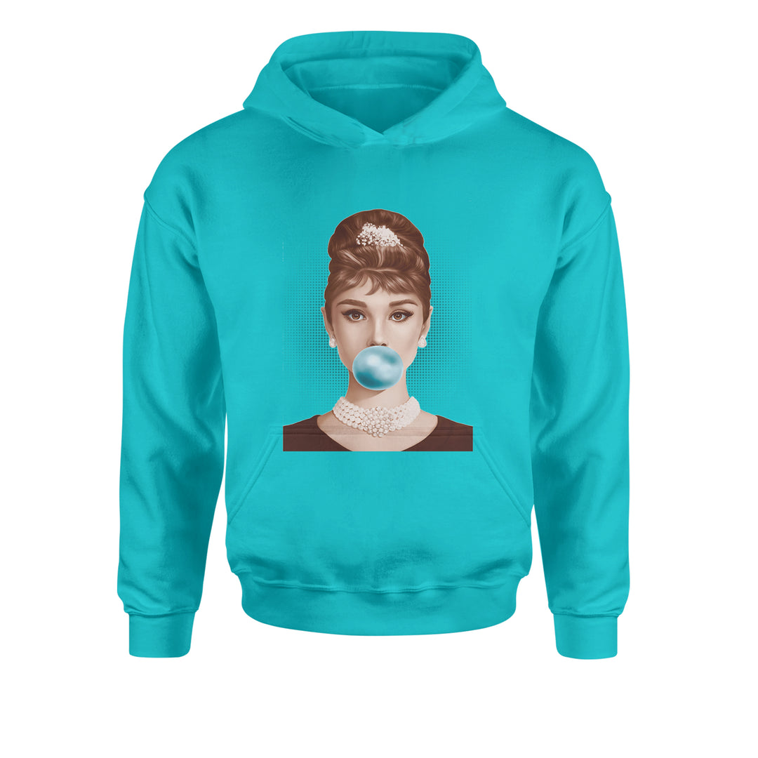 Audrey Hepburn Chewing Bubble Gum American Icon Youth-Sized Hoodie Teal