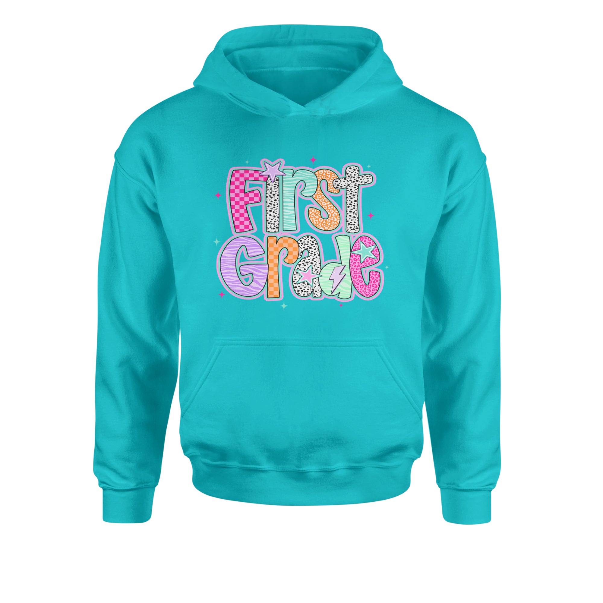 First Grade Vibes Colorful Back to School Youth-Sized Hoodie Teal