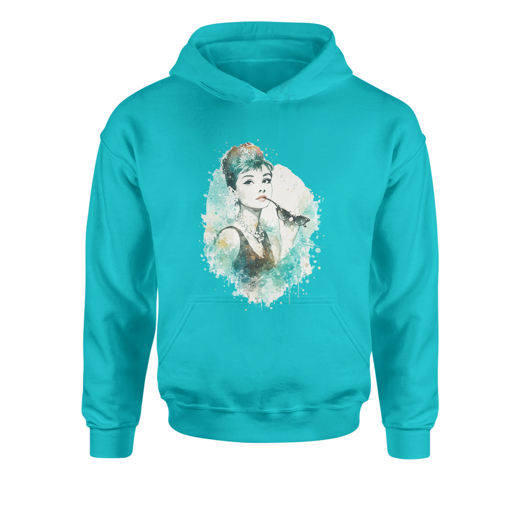 Mrs. Herpburn Iconic Watercolors Youth-Sized Hoodie Teal