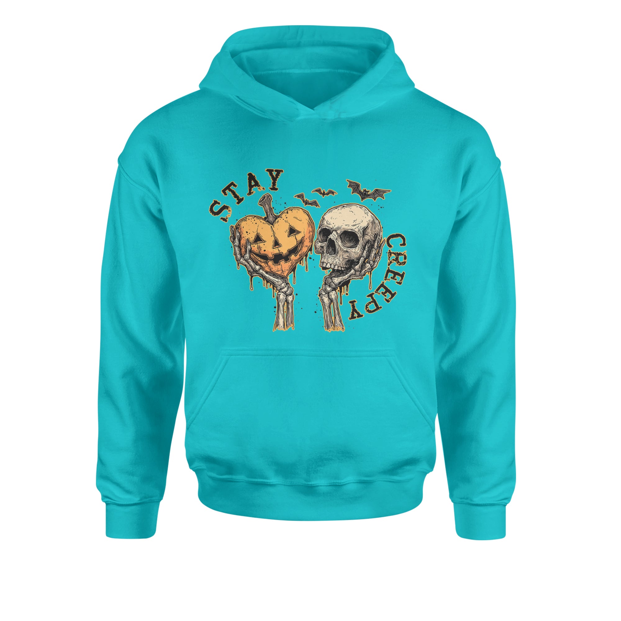 Stay Creepy Skull and Pumpkin Halloween Youth-Sized Hoodie Teal