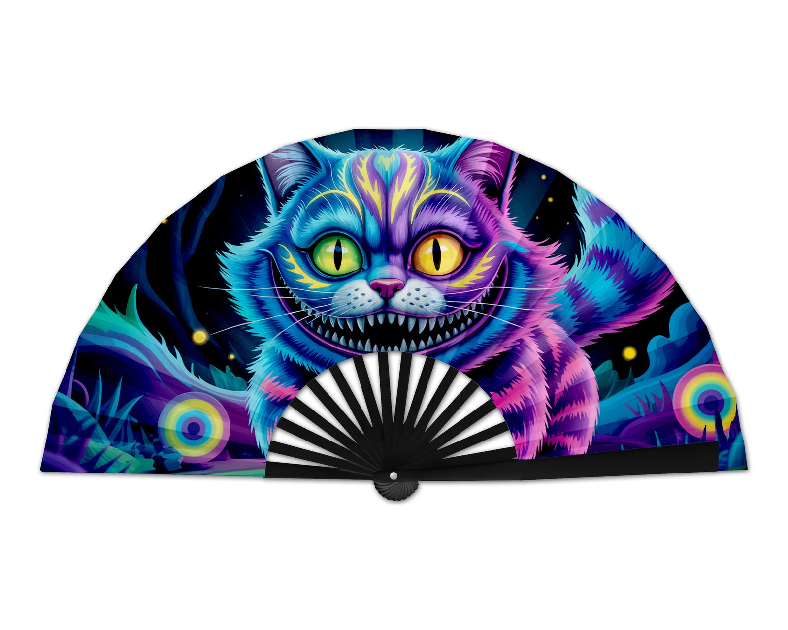 Neon Cheshire Cat Folding Fan – UV Blacklight Reactive | 26" Rave Clack Fan for Festivals, Clubs, and EDM Events