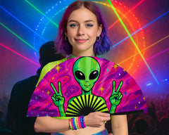 Trippy Alien Rave Fan, Festival Accessories, Peace Sign Hand Fan, EDM Party Fan, Drag Clack Fan, Large Folding Bamboo Fan,26 Inches